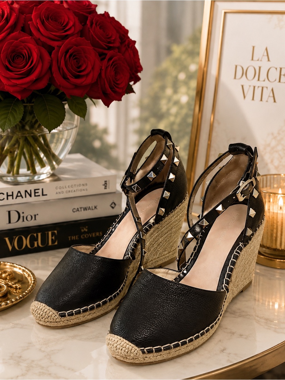 Black Studded Wedge Espadrille Sandals - Women